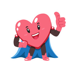 Cartoon healthy heart character with superhero cape giving thumbs up for design.