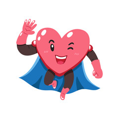 Healthy cartoon heart character with superhero cape for design.