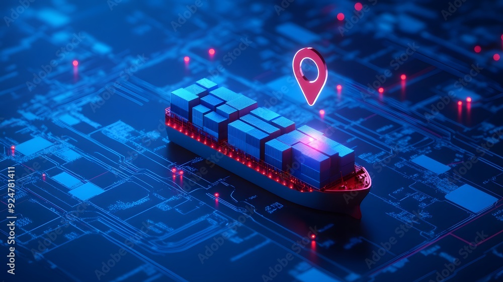 Poster a digital representation of cargo ship navigation with gps tracking and data points on a blue techno