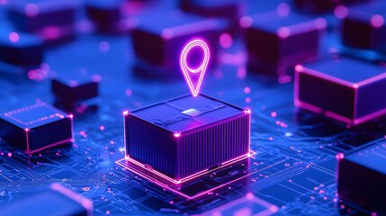 A digital representation of logistics and supply chain management featuring a highlighted package with a location pin on a circuit board.