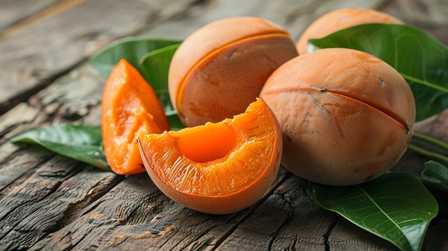 Fresh mamey fruits with bright orange flesh are beautifully arranged on a rustic wooden surface, some cut to display their grainy texture, complemented by green leaves for a natural food presentation