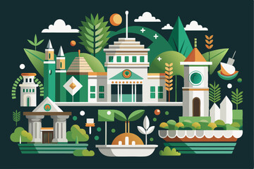 Obraz premium A Cityscape with Buildings, Green Spaces, and a Clock Tower