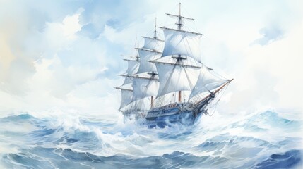 Watercolor painting of dramatic stormy sea panorama with classic vintage sailing ship