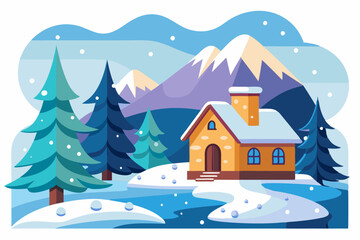 Fototapeta premium A Cozy Cabin in a Snowy Mountain Landscape