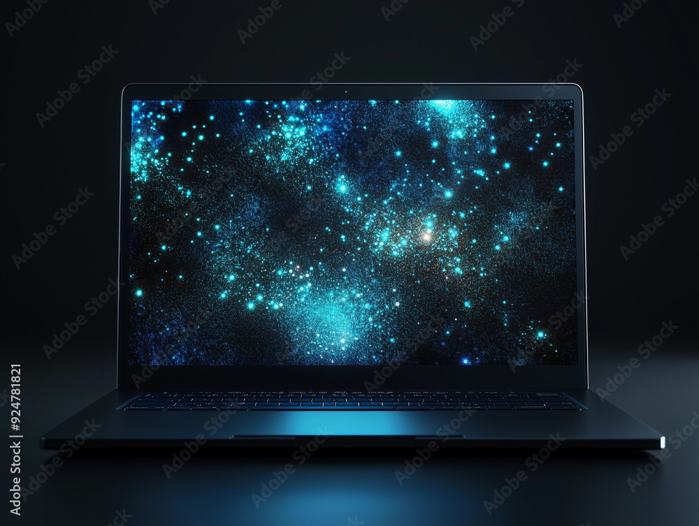 Poster graphic 3d model style of laptop computer mockup in dark background theme.