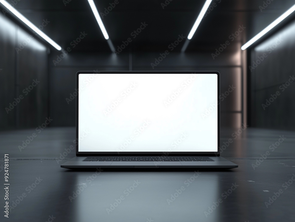 Poster graphic 3d model style of laptop computer mockup in dark background theme.