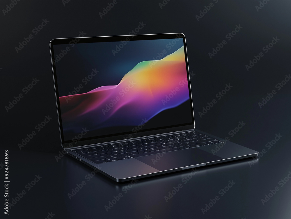 Poster graphic 3d model style of laptop computer mockup in dark background theme.