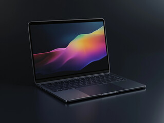 Graphic 3d model style of laptop computer mockup in dark background theme.