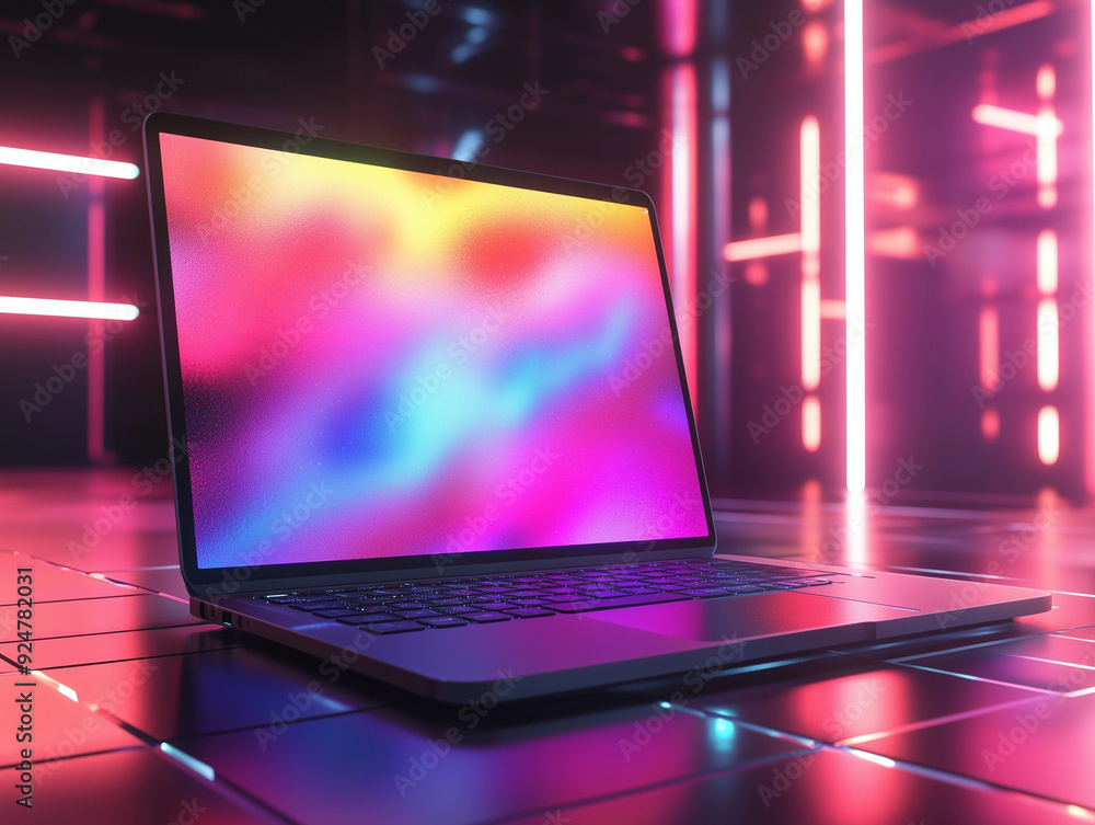 Poster graphic 3d model style of laptop computer mockup in dark background theme.