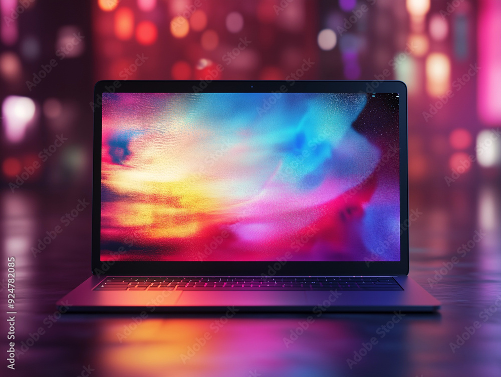 Poster graphic 3d model style of laptop computer mockup in dark background theme.