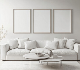 Modern living room interior with white sofa, coffee table, and three empty picture frames.