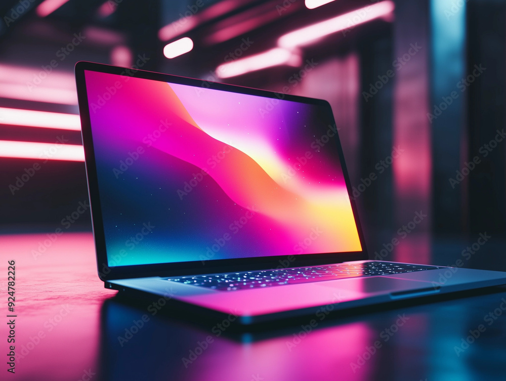 Fototapete graphic 3d model style of laptop computer mockup in dark background theme.