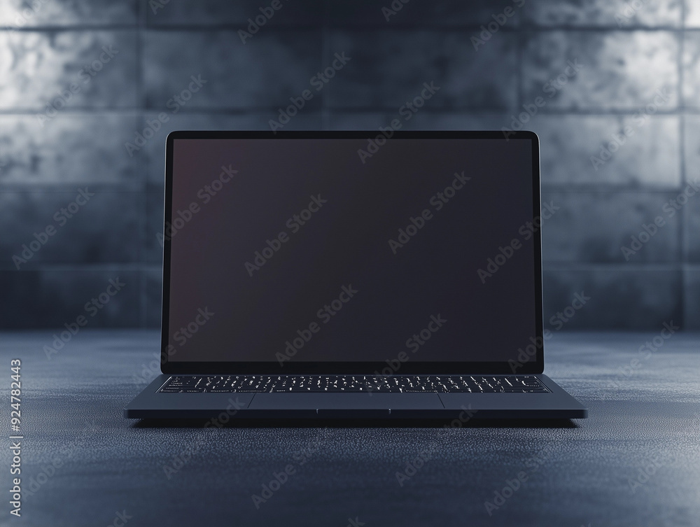 Poster graphic 3d model style of laptop computer mockup in dark background theme.