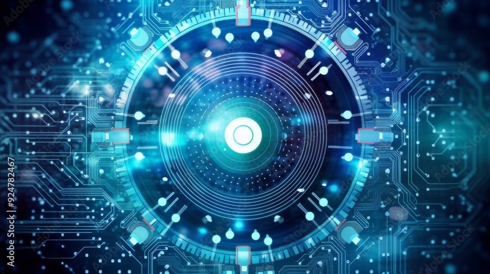 Poster a blue and white computer screen with a circle in the middle