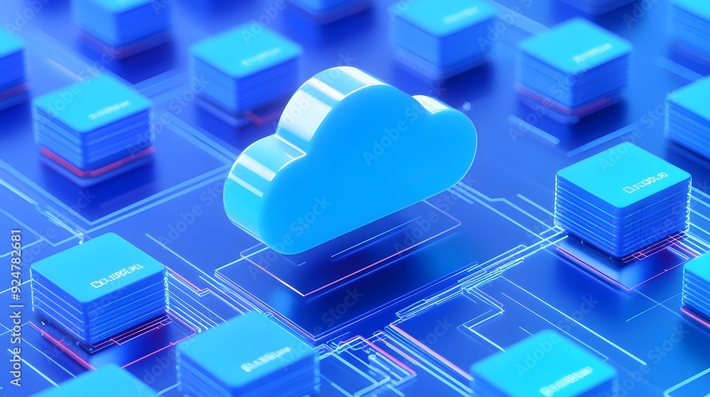Poster blue cloud computing technology concept with glowing cloud symbol surrounded by network connections 