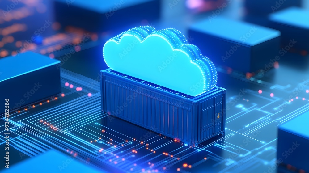 Poster blue cloud icon over a data container, symbolizing cloud computing, data storage, and technology inf