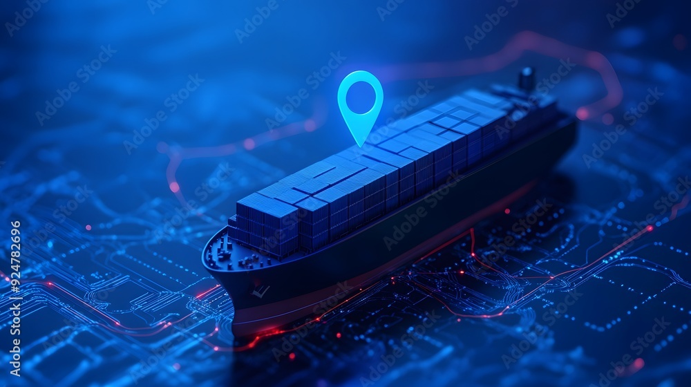 Poster blue container ship on digital map background with gps navigation marker, representing transportatio