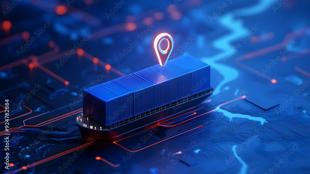 Poster blue freight container on digital circuit board with location pin, representing technology in global