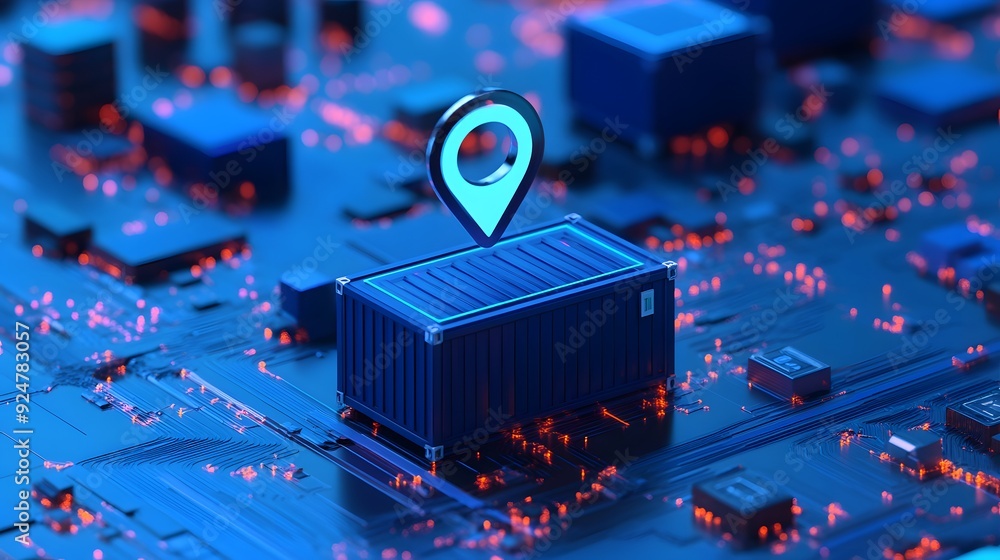 Poster blue shipping container with gps location pin on digital circuit board background, representing logi