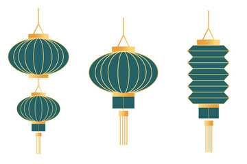Traditional blue vintage Chinese lantern. Vector asian japanese paper lamps with tassel for New year celebration, oriental festival.
