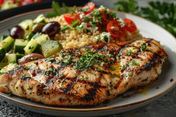 Grilled fish served with vegetables and couscous on a plate.
