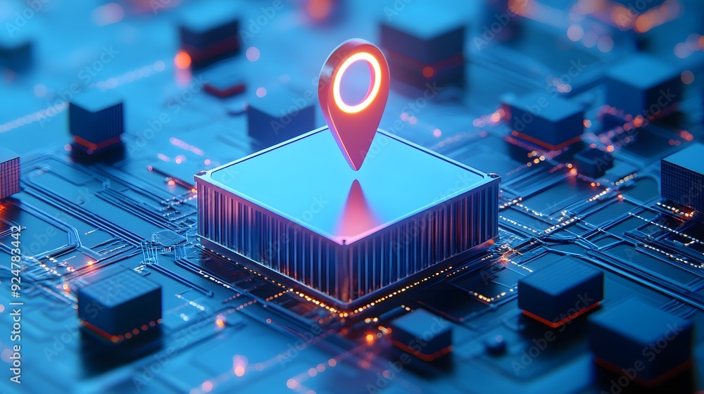 Poster close-up of a microchip with a glowing location pin. concept of digital navigation, technology, and 