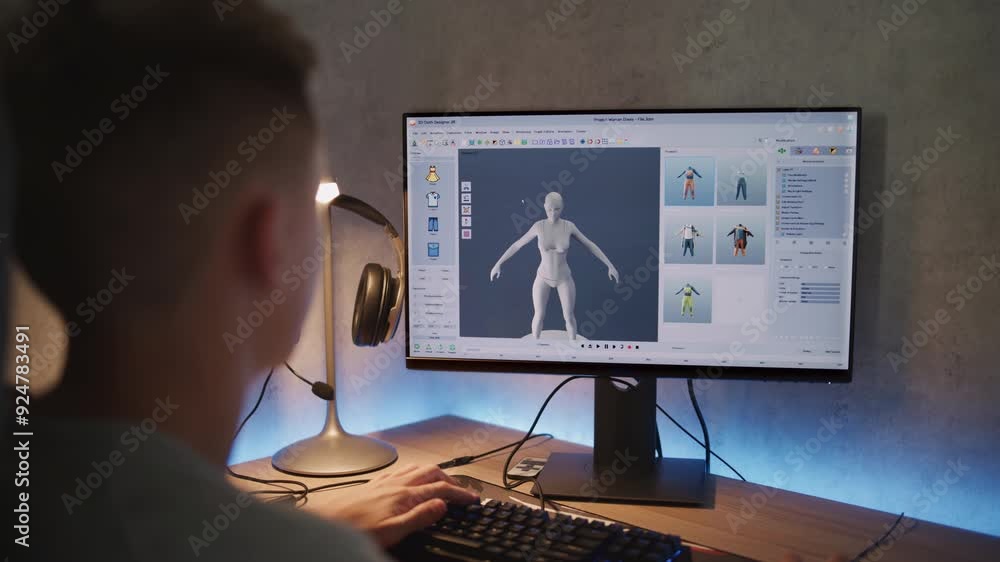 Poster caucasian teenager develops and creates clothes using computer. interface of professional 3d modelin