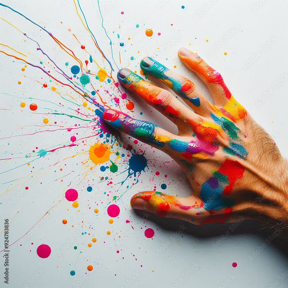 Poster a hand covered in colorful paint, making marks on a white surface. the paint should be vivid and spl