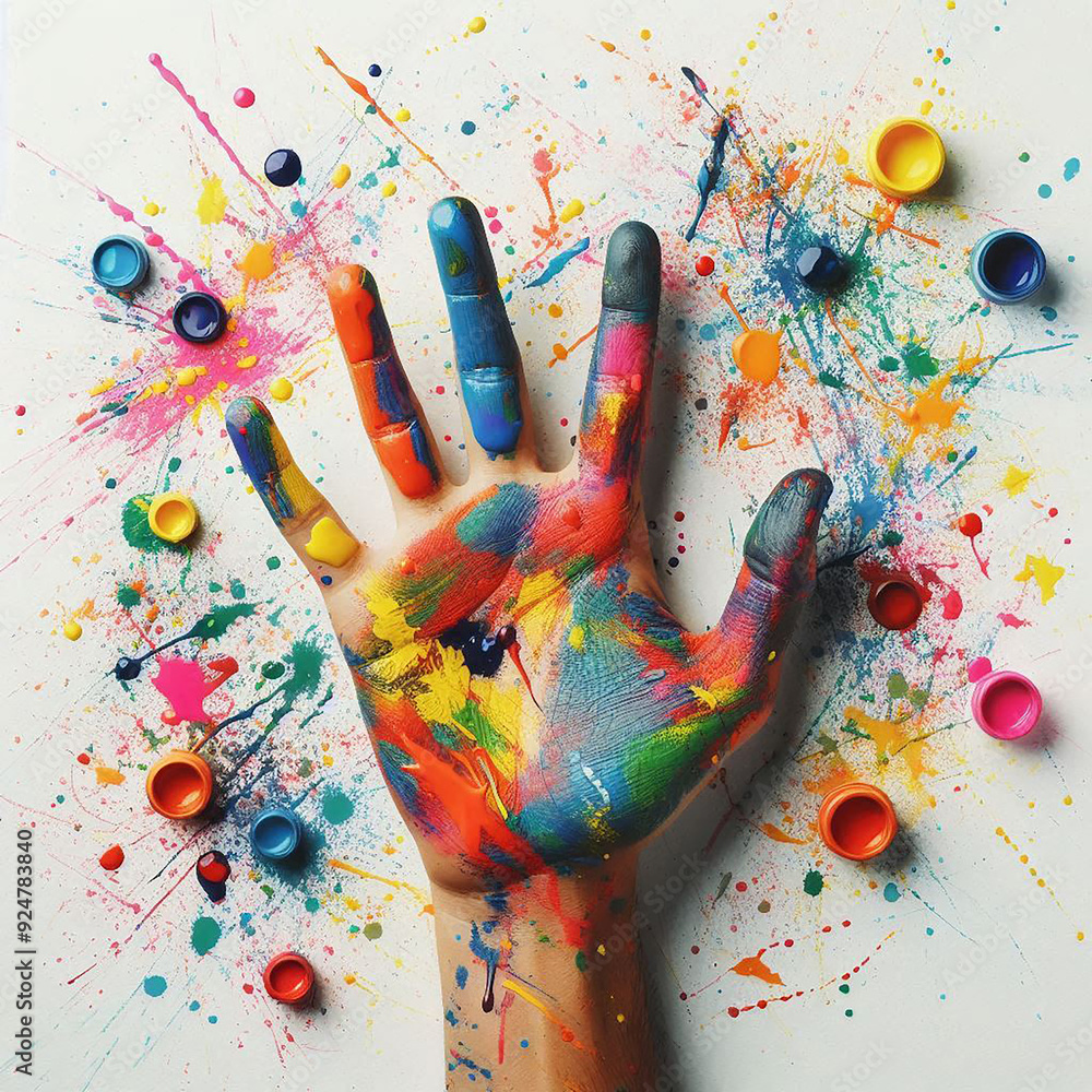 Poster a hand covered in colorful paint, making marks on a white surface. the paint should be vivid and spl