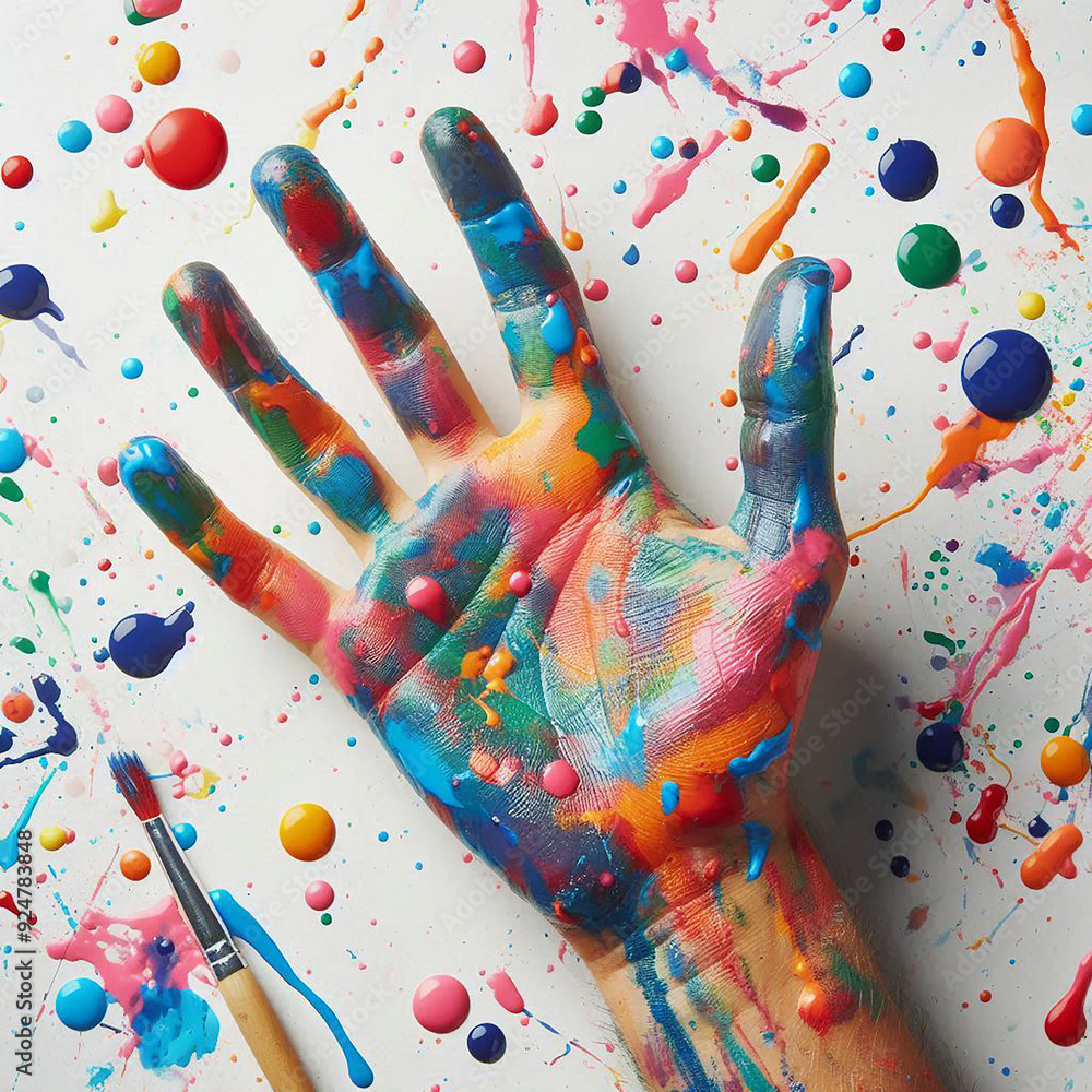Poster a hand covered in colorful paint, making marks on a white surface. the paint should be vivid and spl