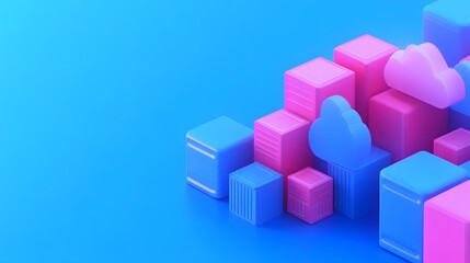 Colorful 3D blocks and cloud shapes on blue background, representing technology, data storage, and cloud computing concepts.
