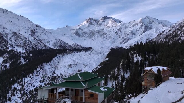 Snowy Nanga Parbat at Winter. Aerial Drone Shot with a glacier in valley, Fairy Meadows Pakistan, Mount Killer at Dawn