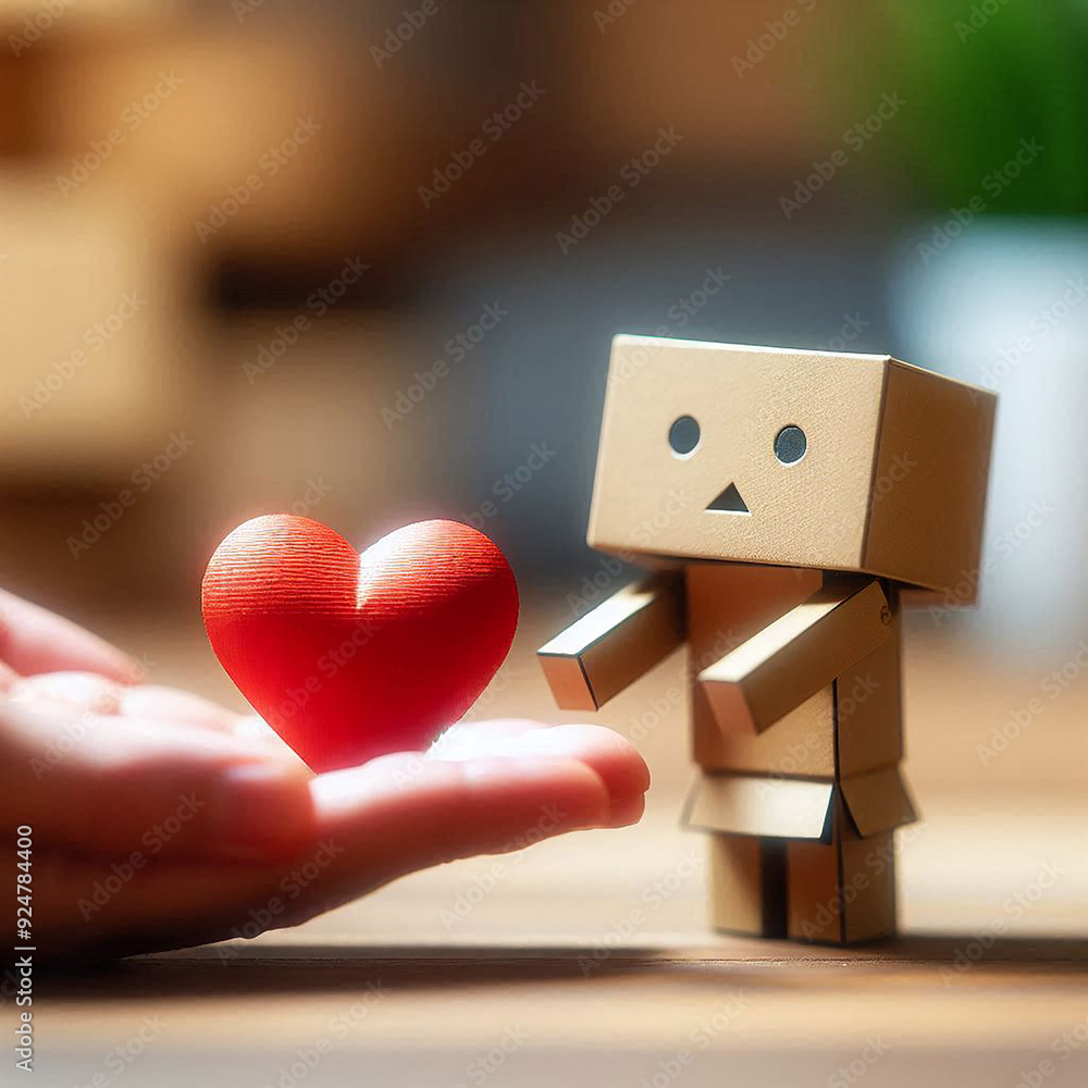 Poster two small figures resembling cardboard robots with human-like features generated by ai
