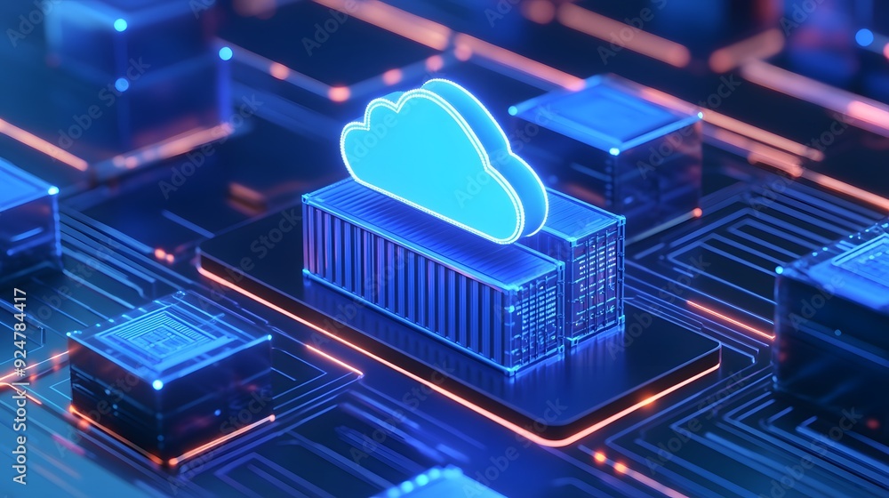 Poster digital cloud computing technology concept with glowing cloud icon on a futuristic circuit board, re