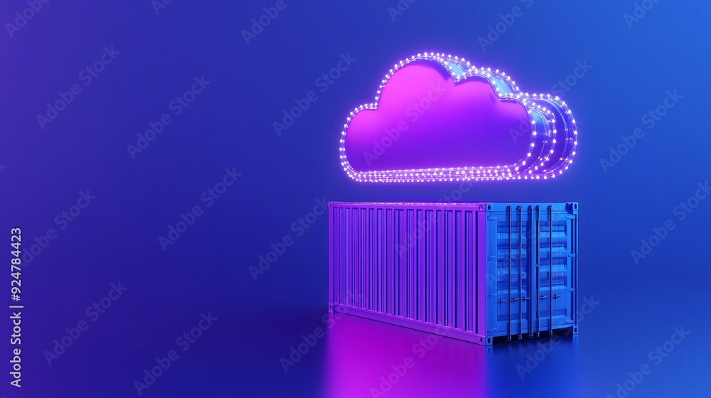 Poster digital cloud over container on purple-blue background, representing cloud computing and data storag