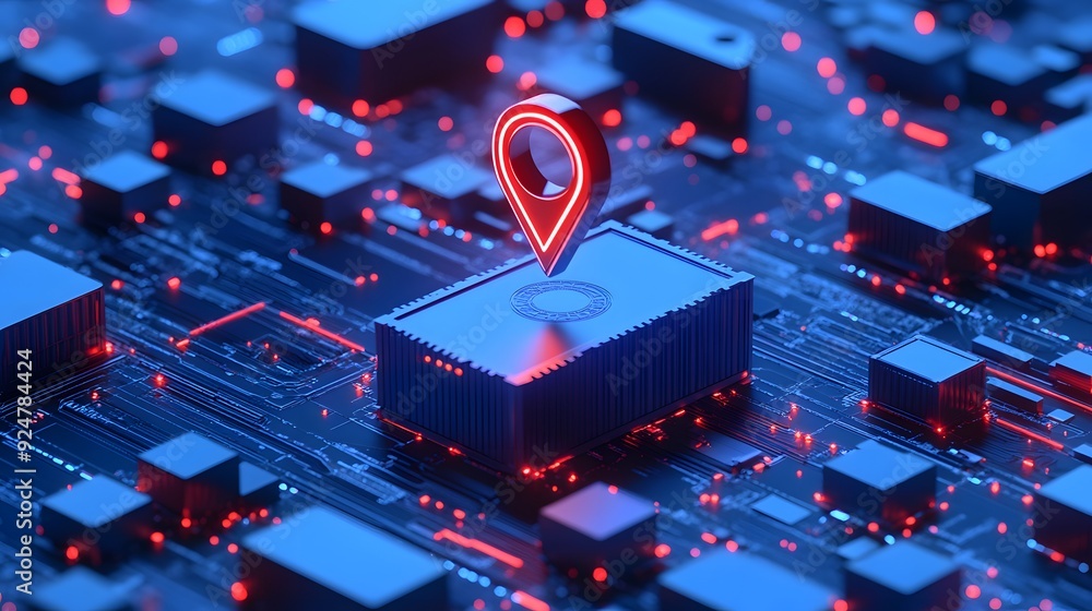Poster digital circuit board with glowing location pin marker highlighting artificial intelligence and tech