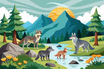 Naklejka premium Four Wolves by a River in a Mountain Landscape