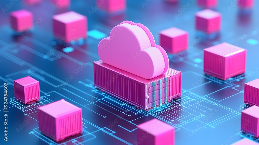 Poster digital cloud storage concept with pink containers on a circuit board background, visualizing modern