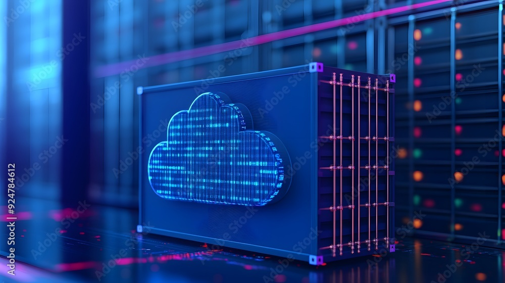 Poster digital cloud storage symbol in a data center environment, representing cloud computing, data securi