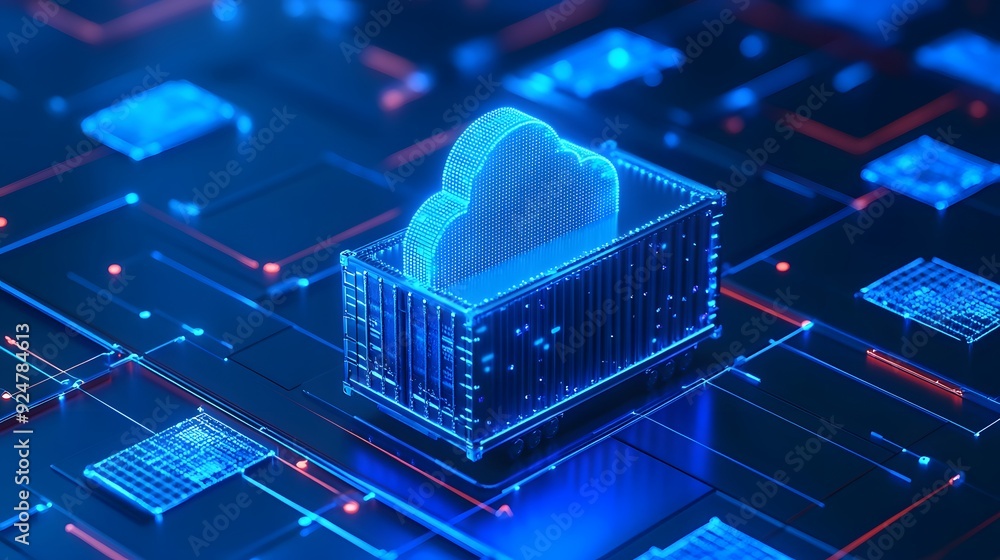 Poster digital cloud storage container in a futuristic virtual environment with blue neon lights and circui