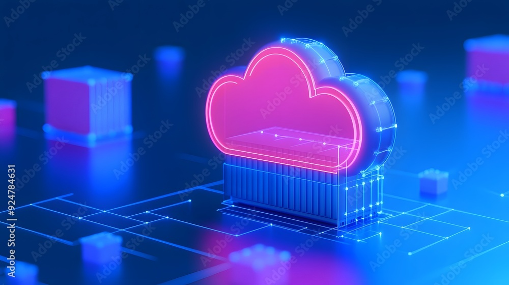 Poster digital cloud technology concept. glowing pink cloud icon over blue background. futuristic data stor