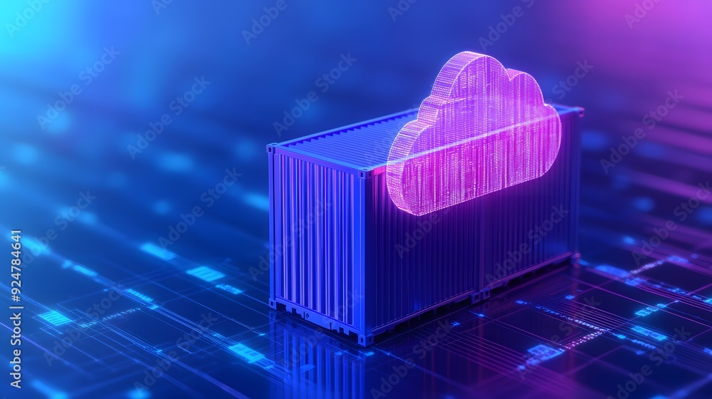 Poster digital cloud technology concept with container on futuristic background, illustrating cloud computi