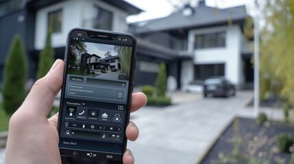 A smart home security system interface on a smartphone showing real-time security camera footage of the home's exterior. The system is being armed remotely.