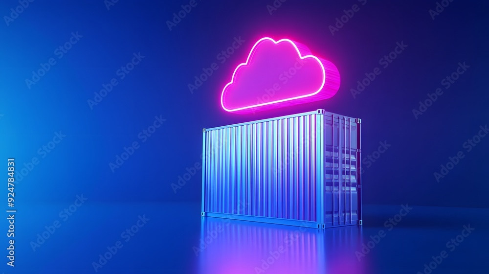 Poster digital concept of cloud computing with neon cloud icon over data server. blue and pink colors repre