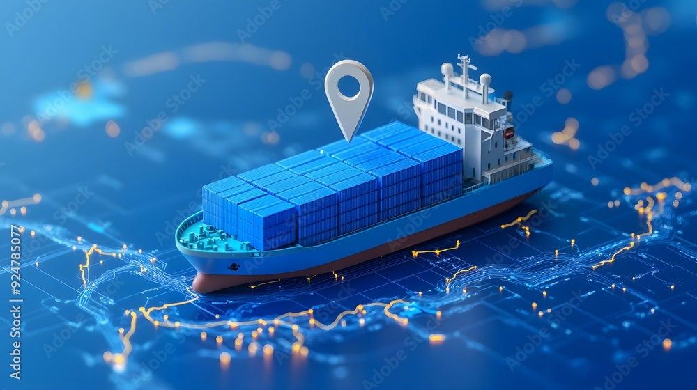 Poster digital illustration of a cargo ship over a virtual map with a location pin, representing global shi