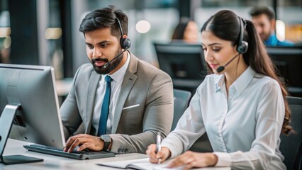 An Indian customer service agent taking notes and assisting a customer on a call.
