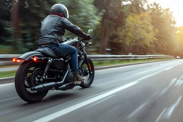 Fototapeta premium A man riding a motorcycle on a the road