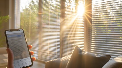 A smartphone app interface for controlling smart window blinds in a sunlit living room, showing the blinds gradually closing to block direct sunlight.