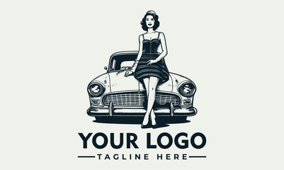 Woman in elegant dress sitting on classic car vector logo monochrome Woman in elegant dress posing on vintage car monochrome, perfect for fashion or retrothemed designs and advertisements.