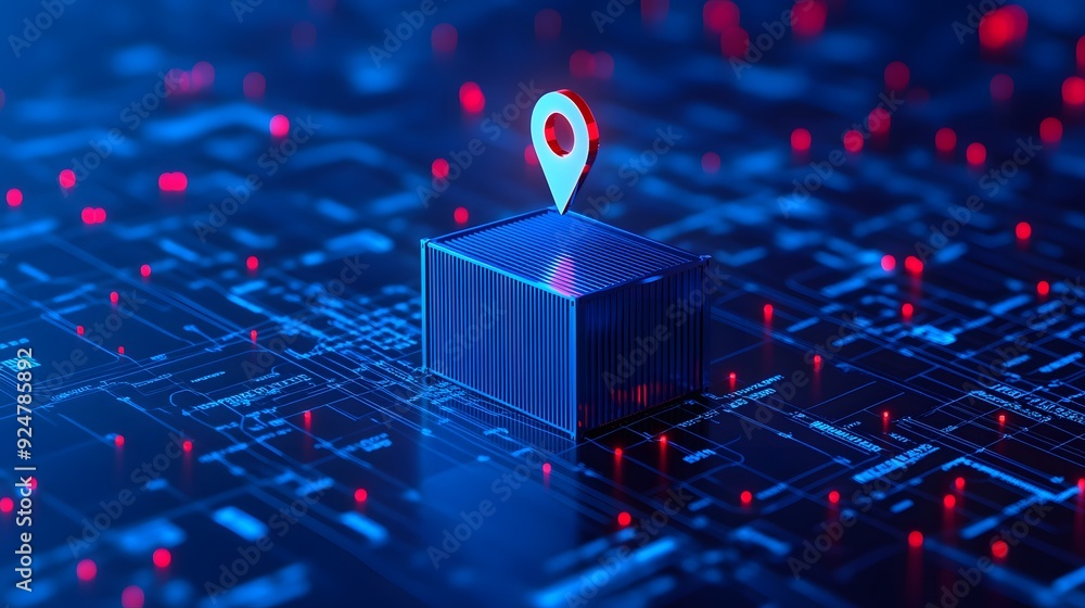 Aufkleber digital location pin on a 3d box representing data networks, technology, and gps navigation in a fut